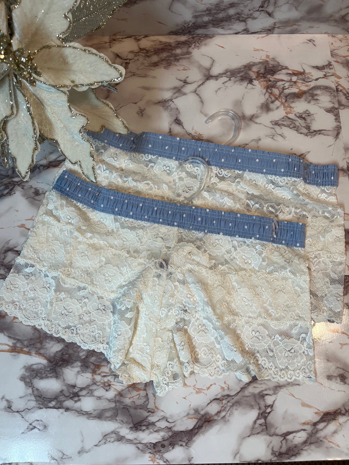 Ivory Lace Boxers Blue Polkadot Band