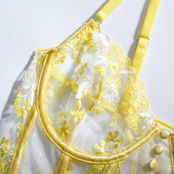 Yellow Floral Embroidery Bodysuit