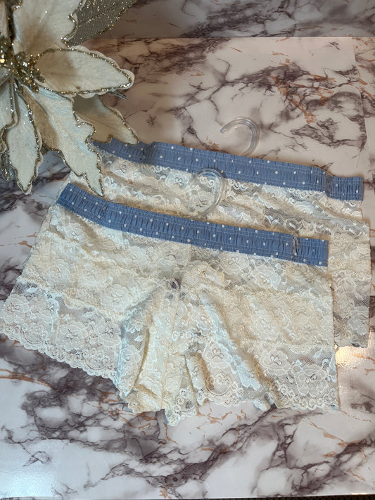 Ivory Lace Boxers Blue Polkadot Band