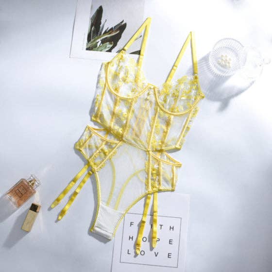 Yellow Floral Embroidery Bodysuit
