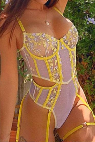 Yellow Floral Embroidery Bodysuit